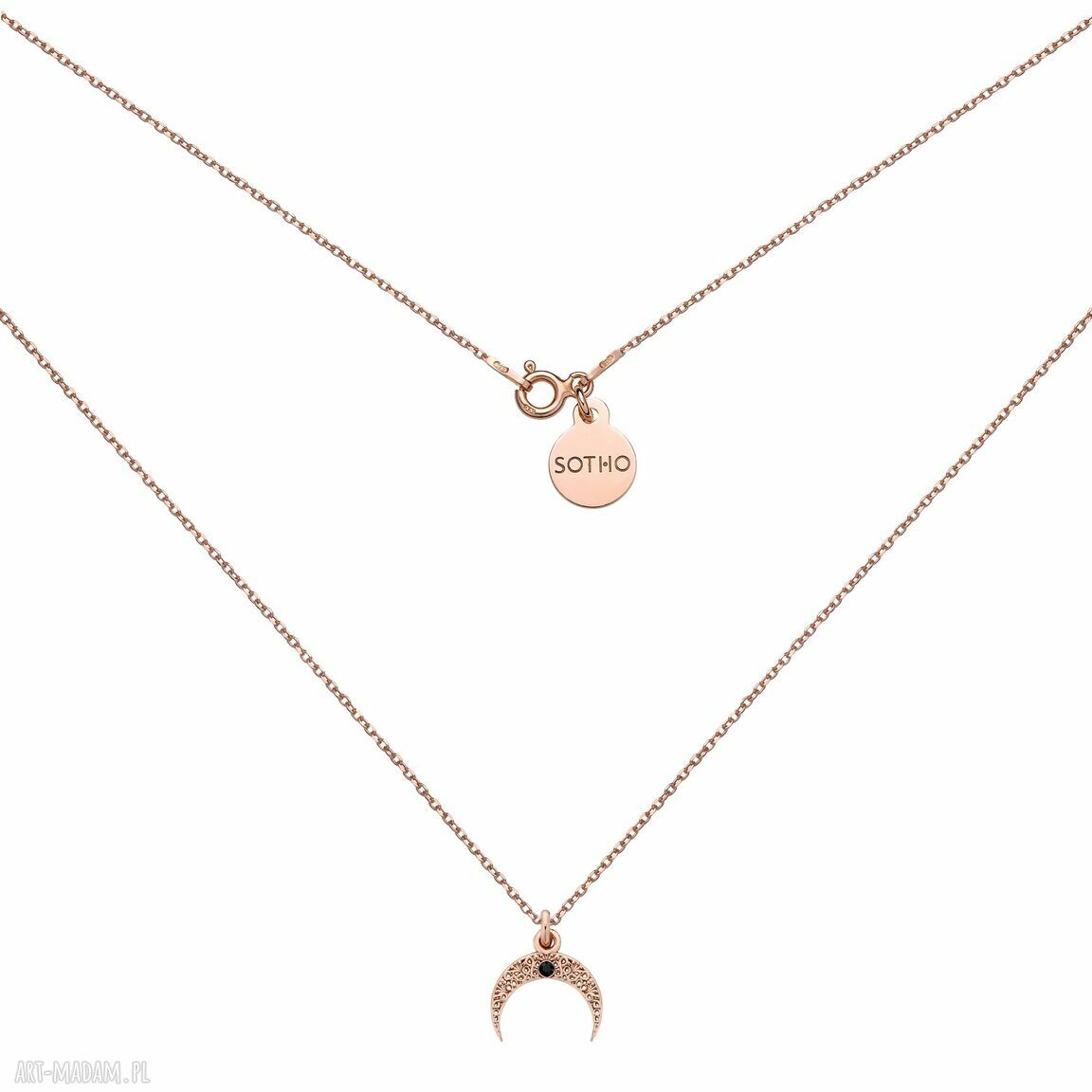 Naszyjnik księżycem różowego złota czarnym kryształkiem łańcuszek