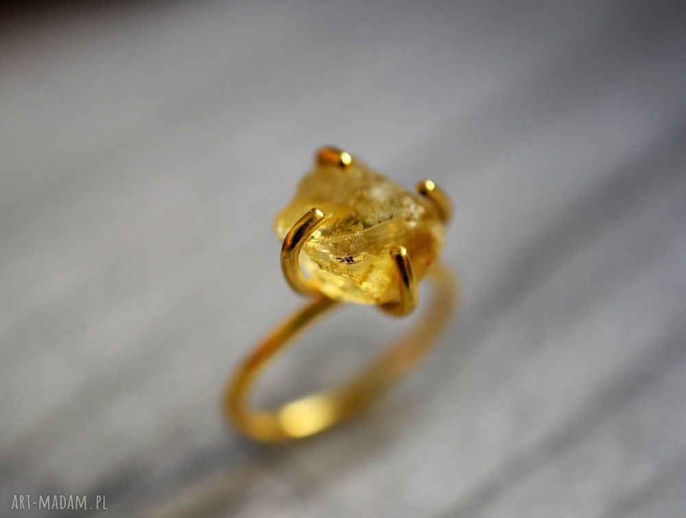 Pozłacany pierścionek cytryn kamień minerał modny kobiecy