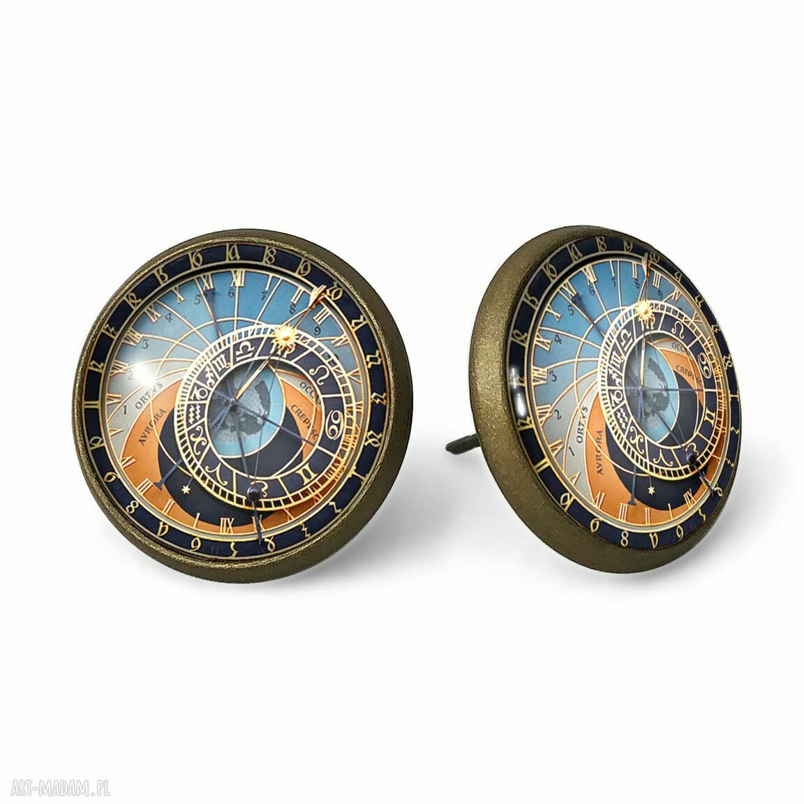 Praski zegar kolczyki wkrętki sztyfty grafika ręcznie robione