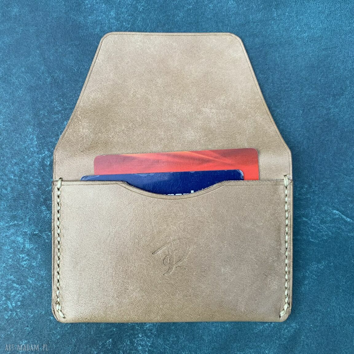 portfele: Beżowy minimalistyczny portfel ze skóry uszyty. ręcznie zrobione