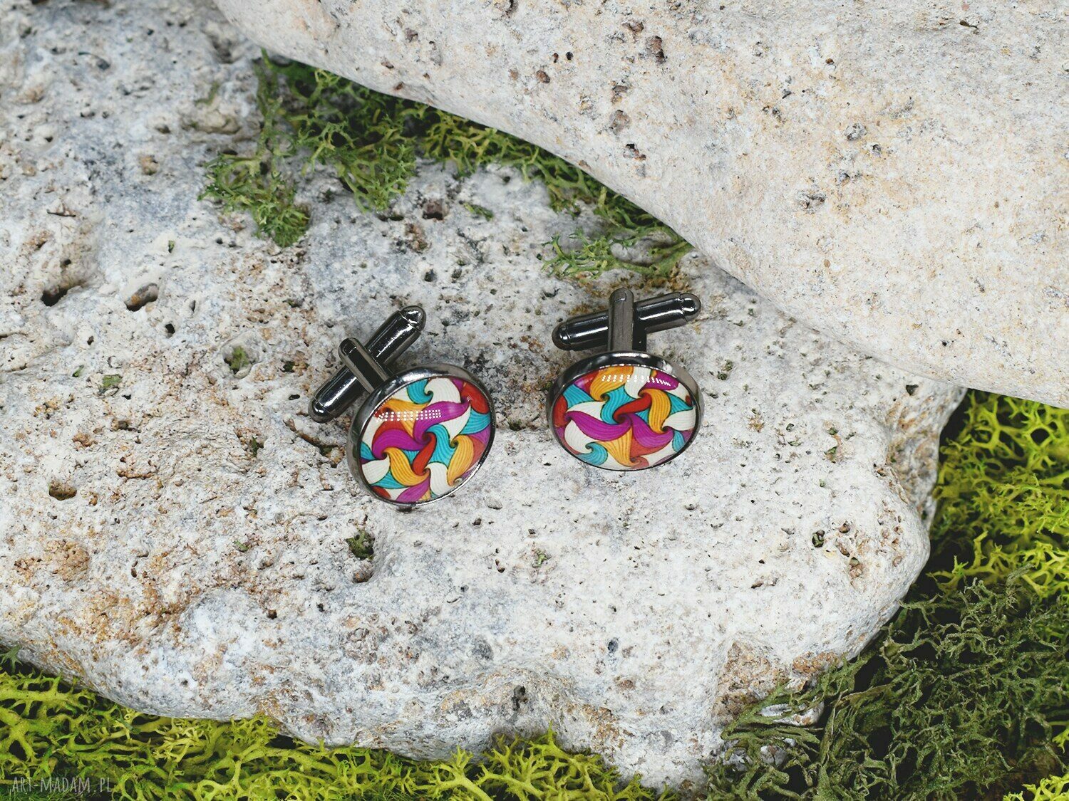 spinki do mankietów: Stalowe czarne spinki do mankietów z abstrakcyjnym wzorem / #00096 handmade