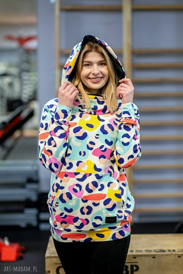 Bluza kangurka damska dużym kapturem bawełniana dresowa sportowa