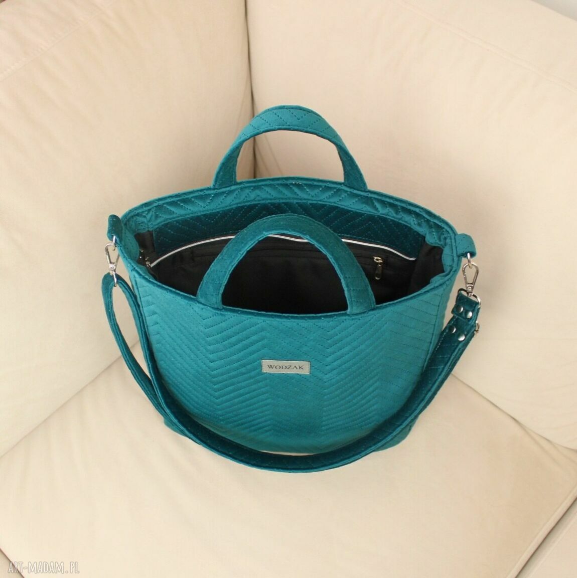 na ramię: Torebka damska Aurora z turkusowego weluru Ręcznie wykonane