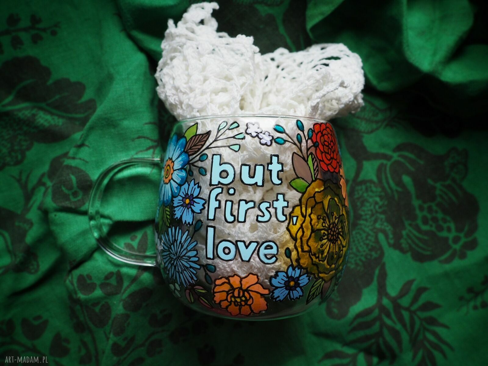 Ręcznie malowany szklany kubek LOVE blue 300 ml