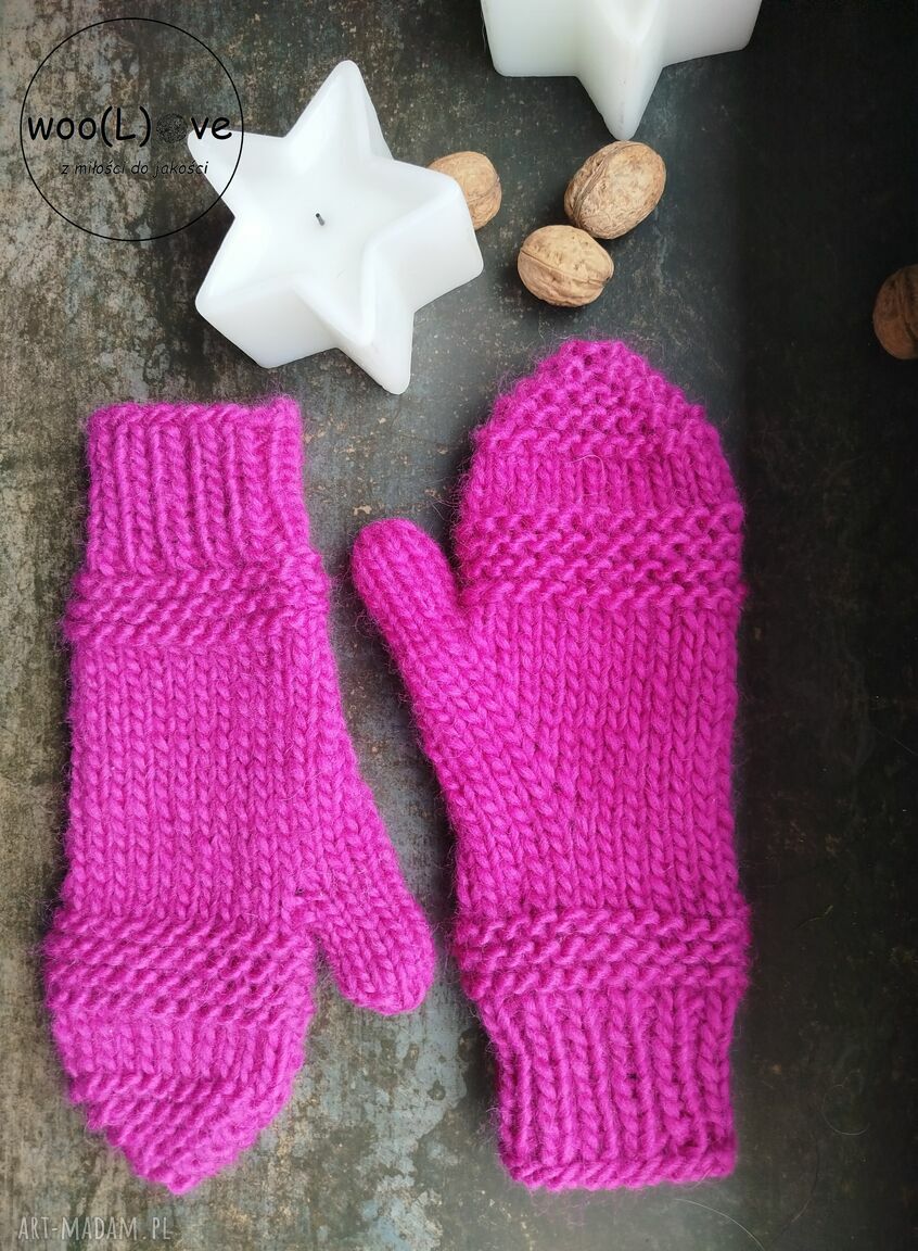 rękawiczki: rękawiczki wełniane ŚNIEŻYNKI neonowy róż Ręczne wykonanie
