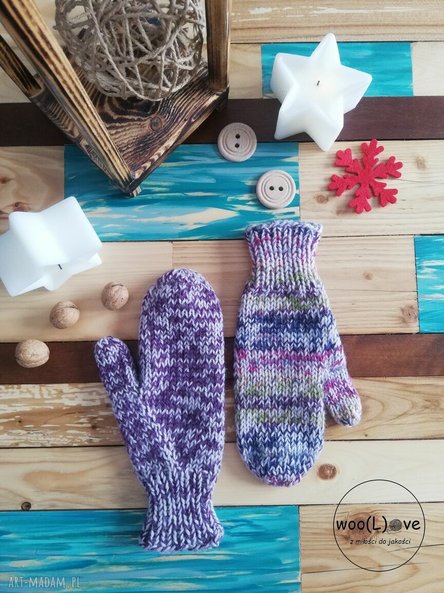 Wełniane rękawiczki owieczki fioletowy mix wełna prezent pure