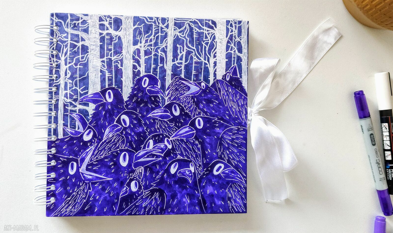 Ręcznie malowany notatnik z krukami - 21x21 cm (na spirali)