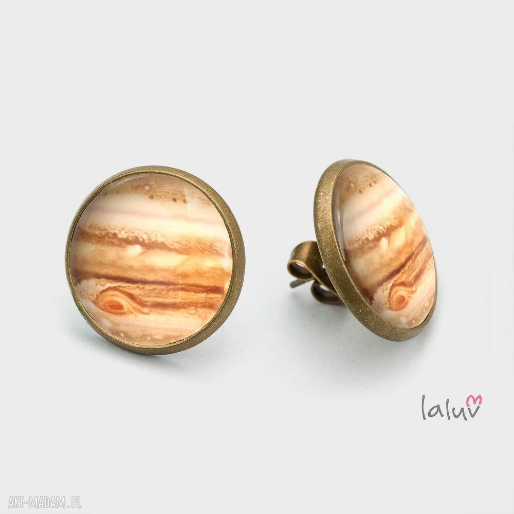 Kolczyki sztyfty Jowisz - ręcznie robione kosmiczne planetki z grafiką pod szkłem