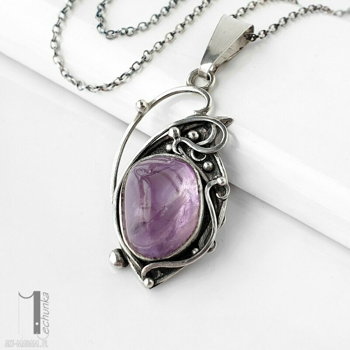 Lawendowy amulet srebrny naszyjnik z ametrynem (dwustronny wisior)
