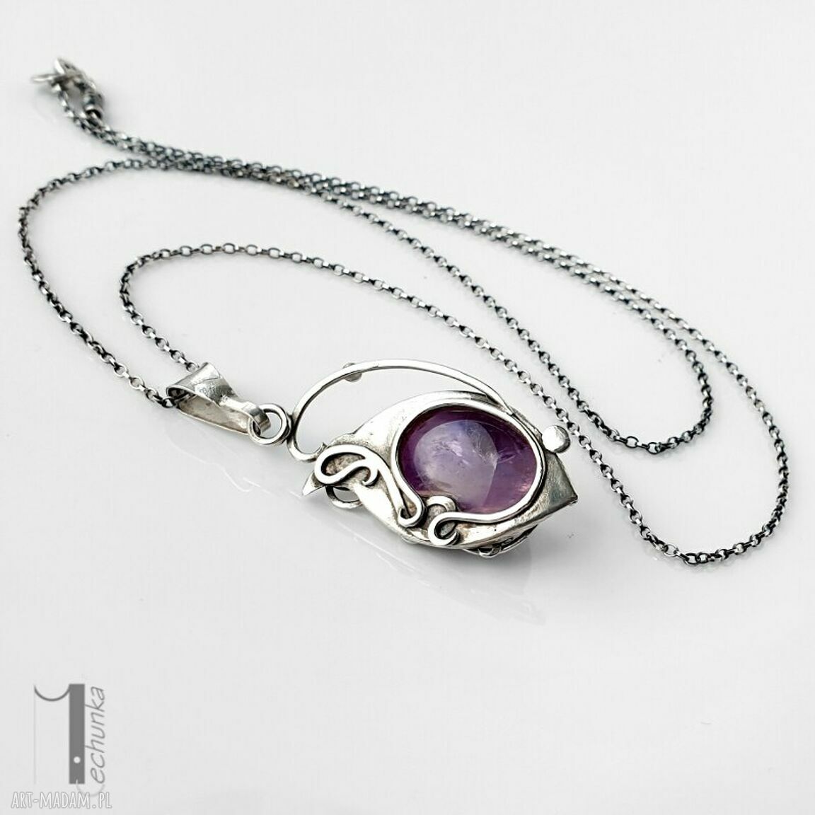 Lawendowy amulet srebrny naszyjnik z ametrynem (dwustronny wisior)