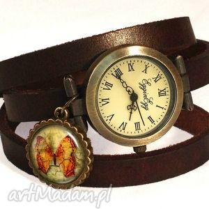 motyl vintage - zegarek bransoletka na skórzanym pasku - zawieszką