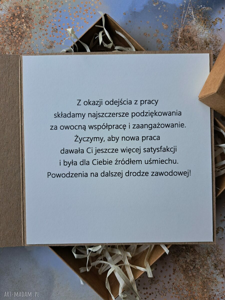 Prezent na pożegnanie w pracy - kartka i zakładka z piórem