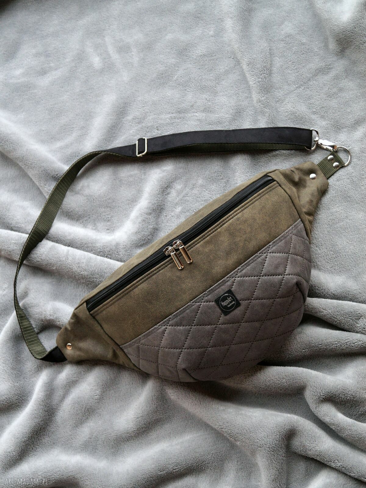 Nerka XXL ciemna oliwka z szarością - duża torebko-nerka handmade