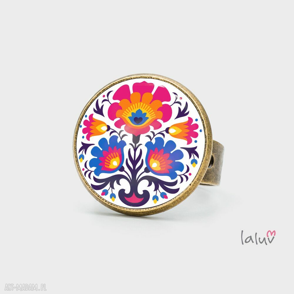 Pierścionek FOLKLOR - regulowany, kolorowy motyw folk - art-Madam.pl