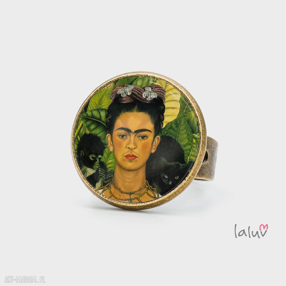 Pierścionek FRIDA KAHLO - regulowany, z grafiką pod wypukłym szkiełkiem