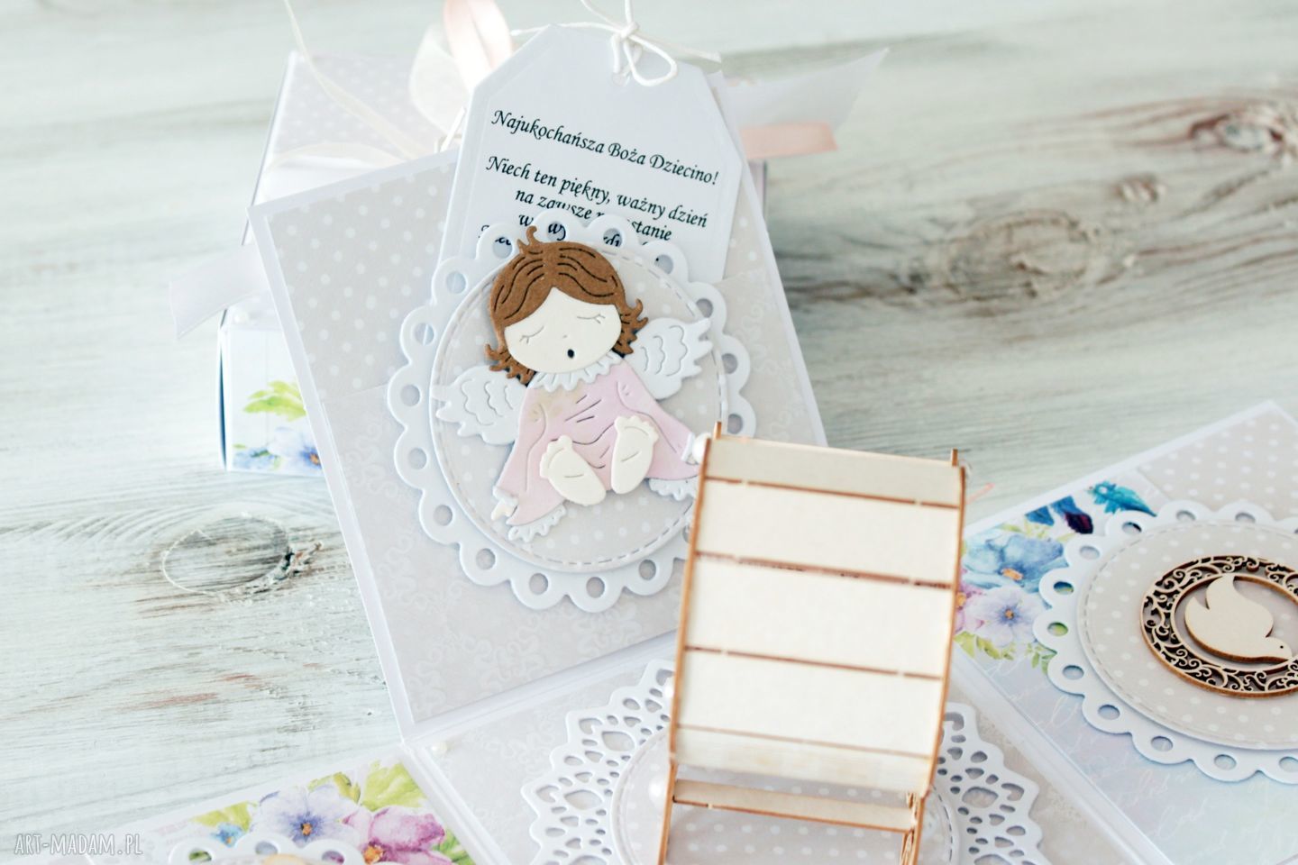 scrapbooking kartki: Pudełko eksplodujące kartka z życzeniami chrzest ręczne wykonanie
