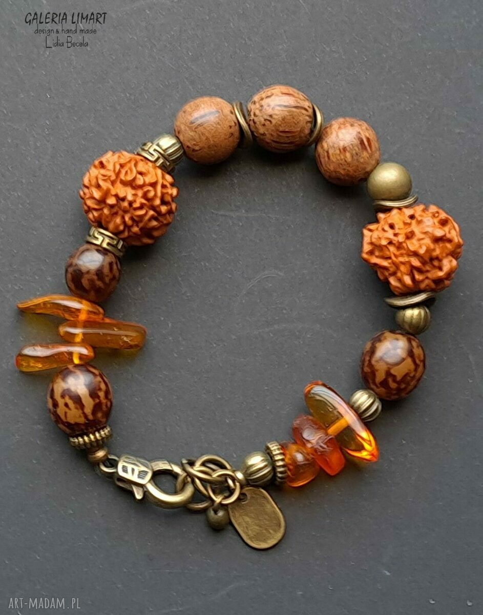 Rudraksha i bursztyn w etnicznej bransoletce boho handmade UNISEX - wyjątkowy prezent