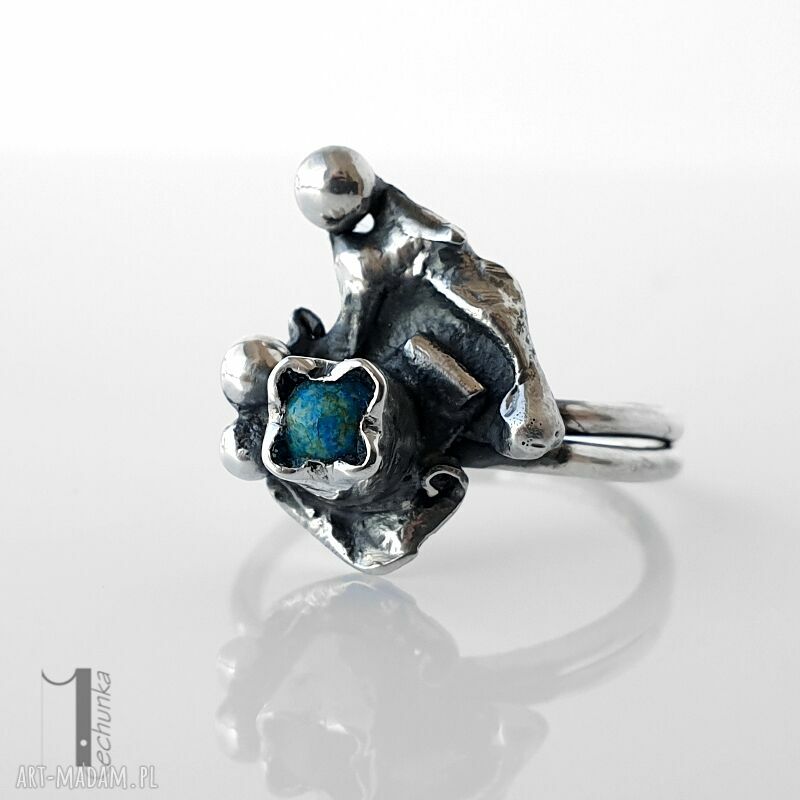 pierścionki: Turkusowy skrzat srebrny pierścionek z turkusem afrykańskim Hand Made