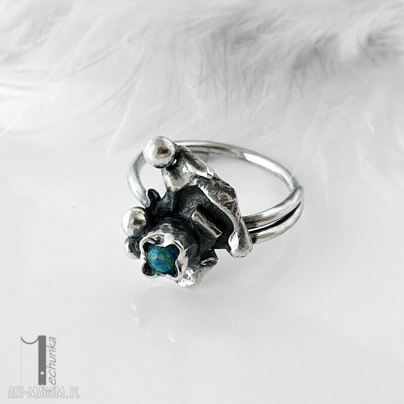 pierścionki: Turkusowy skrzat srebrny pierścionek z turkusem afrykańskim Hand Made