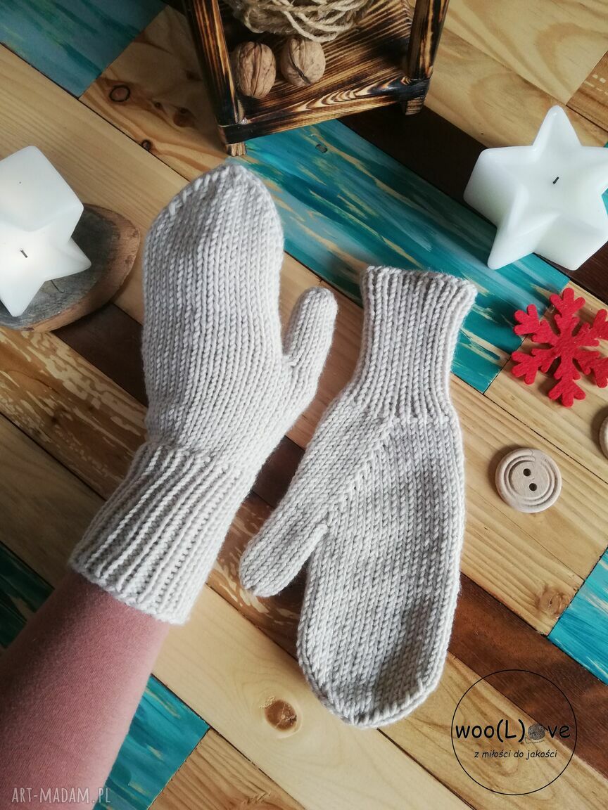 rękawiczki: wełniane rękawiczki MERYNOSKI JASNY BEŻ Ręcznie zrobione