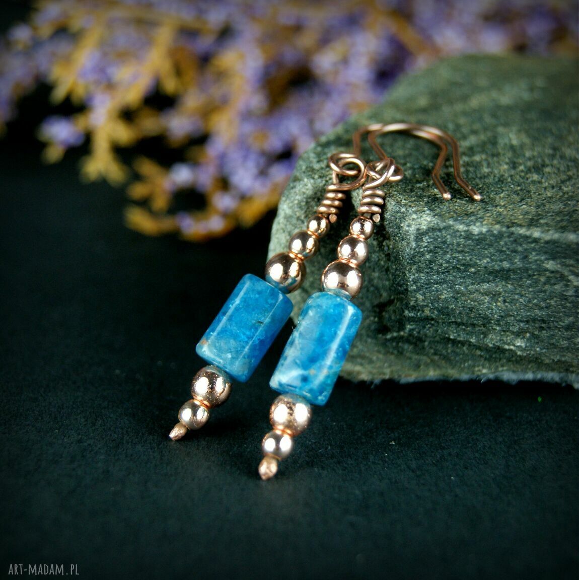 Kolczyki z apatytu, hematytu i miedzi - wire wrapping