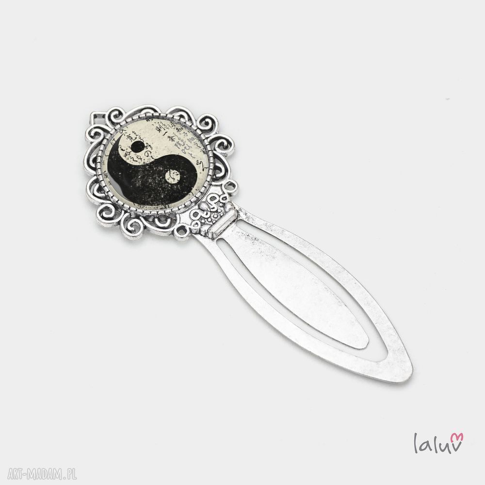 Zakładka do książki YIN YANG - srebrna, ręcznie robiona z grafiki pod szkiełkiem