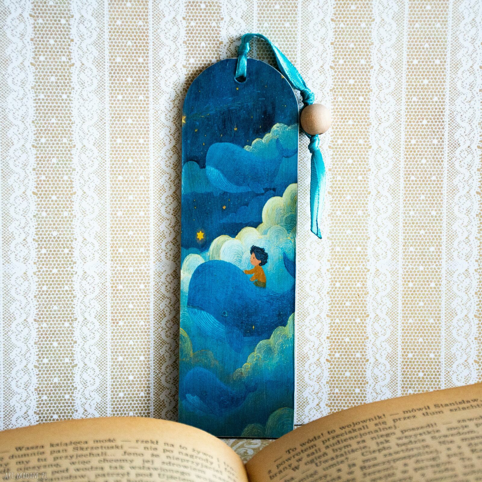 Zakładka do książki - Morska opowieść (drewniana, decoupage, wieloryb)