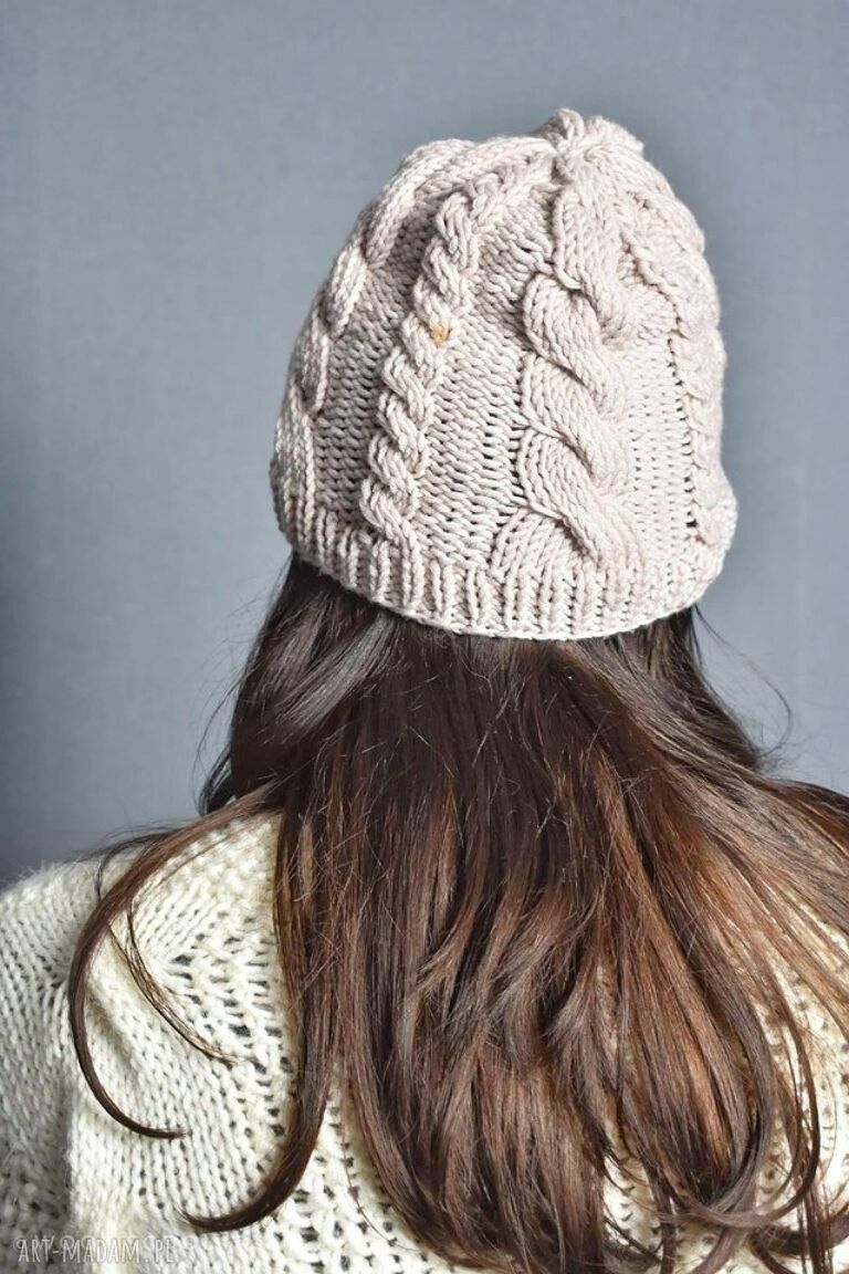 Wrzosowa czapka boho z merino 100% - ręcznie na drutach