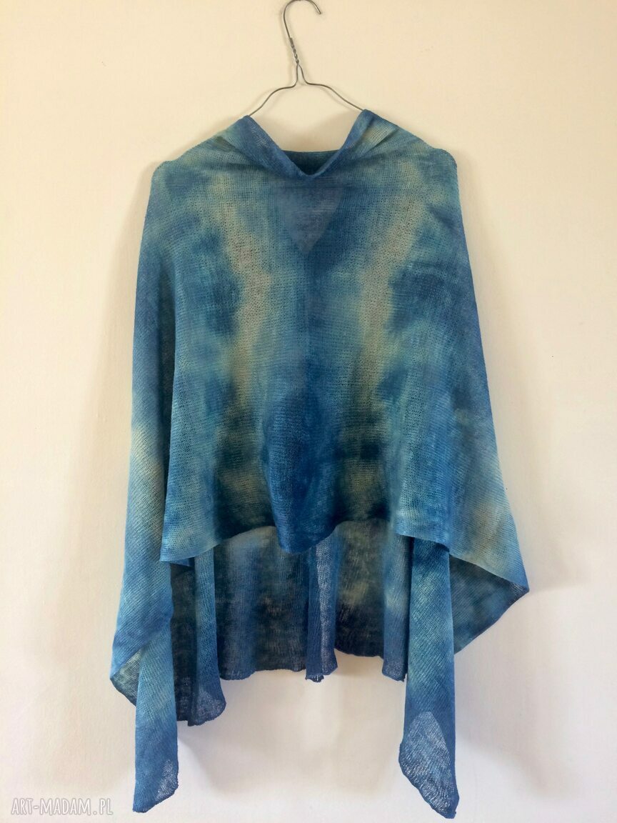 Uniwersalne lniane ponczo blue - narzutka handmade one size