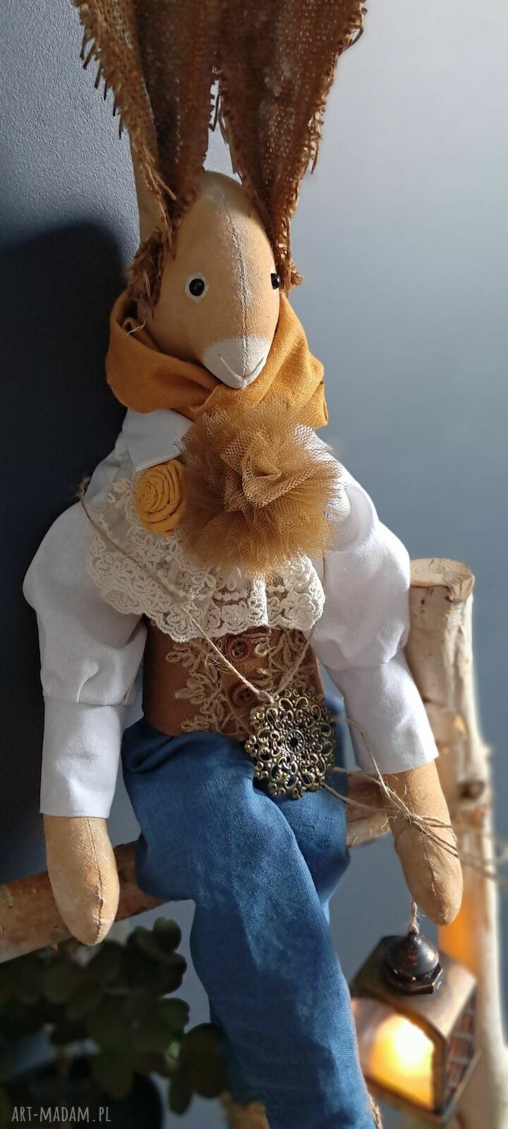 Ręcznie szyty zając vintage brązowo-morski (72 cm)