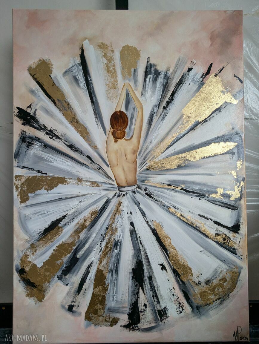 Ręcznie malowany obraz abstrakcja 70x100 cm z efektem złocenia