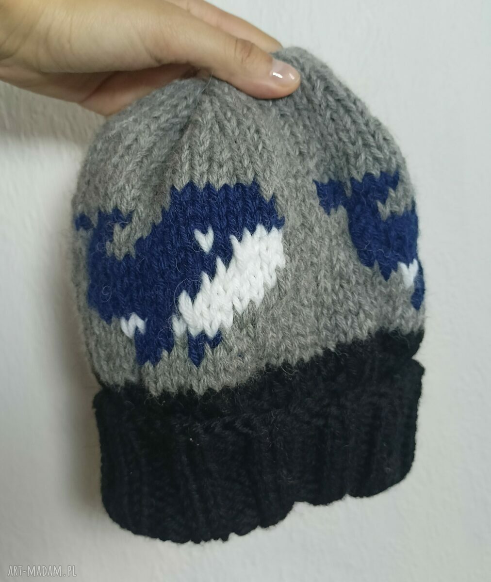 Czapka unisex z wełny alpaki i peruwiańskiej wełny owczej - motyw wielorybów