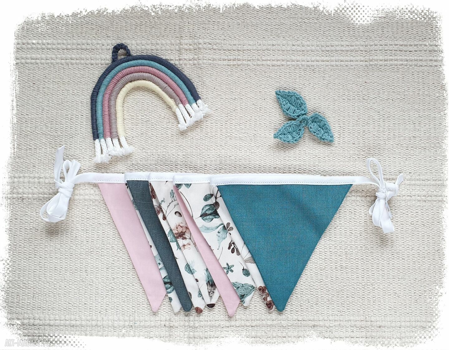Proporczyki, girlanda i baner do wystroju dziecięcego pokoju - lniane handmade
