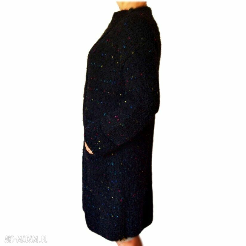 Prosty elegancki kardigan handmade na drutach - czarny melanż