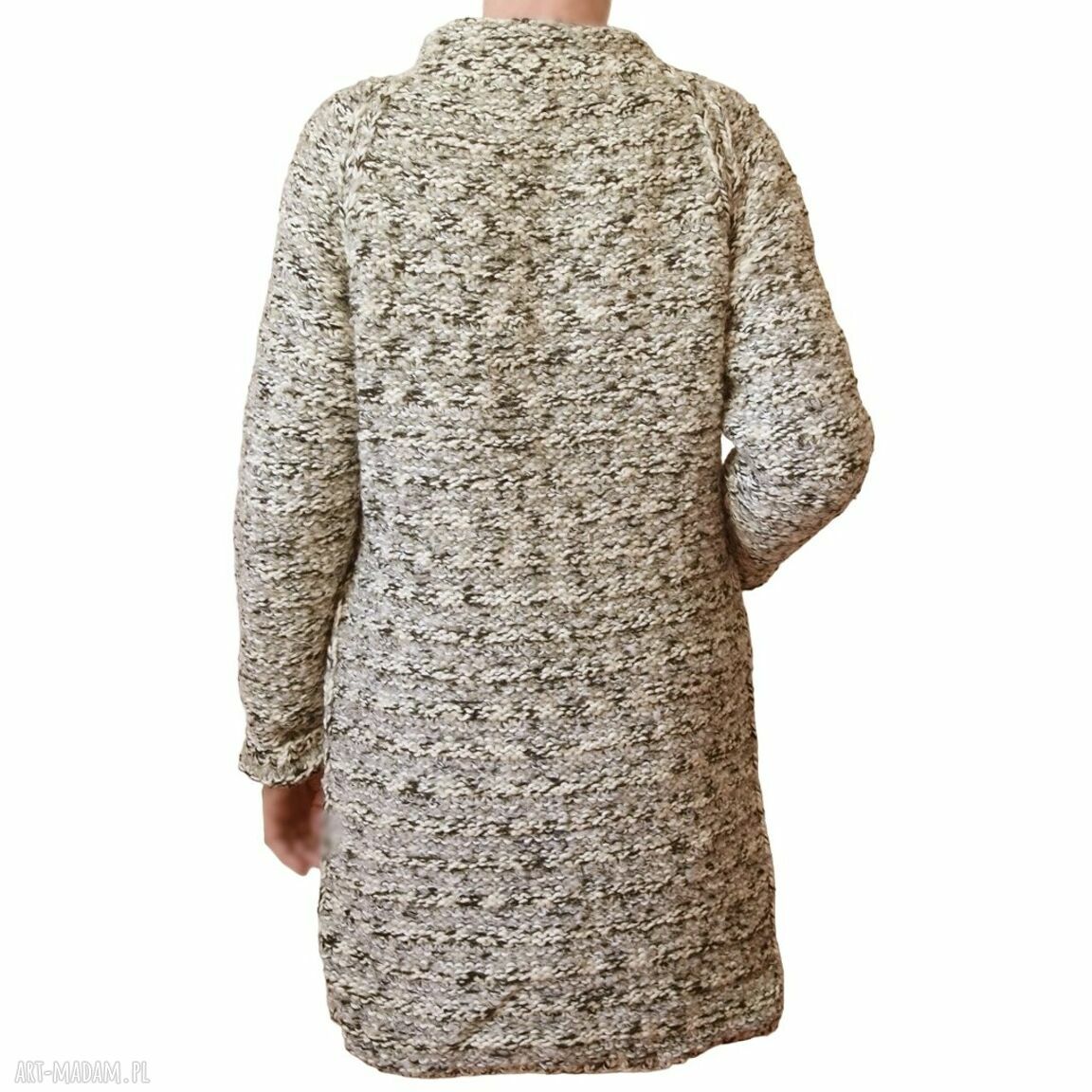 Prosty, elegancki kardigan handmade z troczkami - szaro-biały melanż