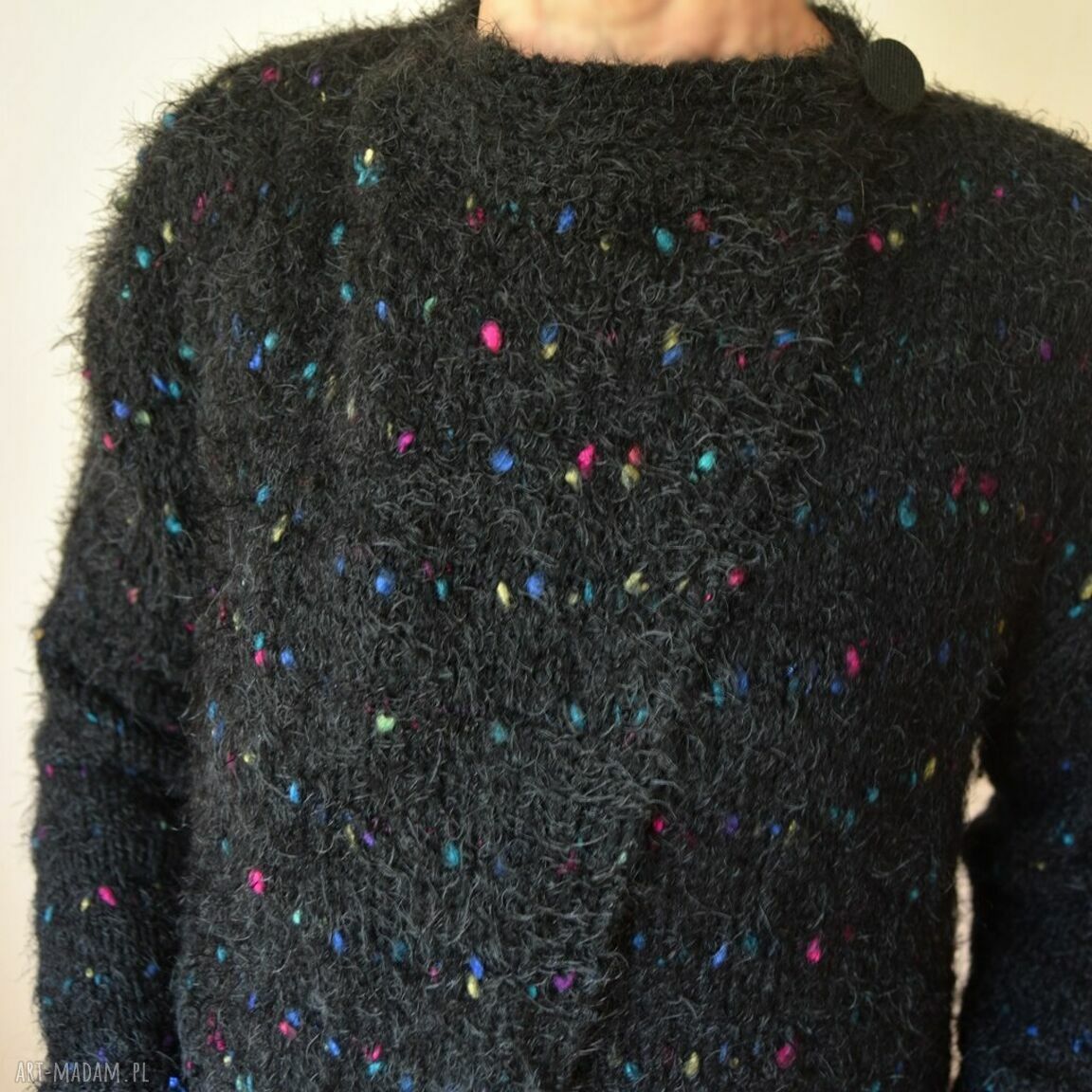 Prosty elegancki kardigan handmade na drutach - czarny melanż