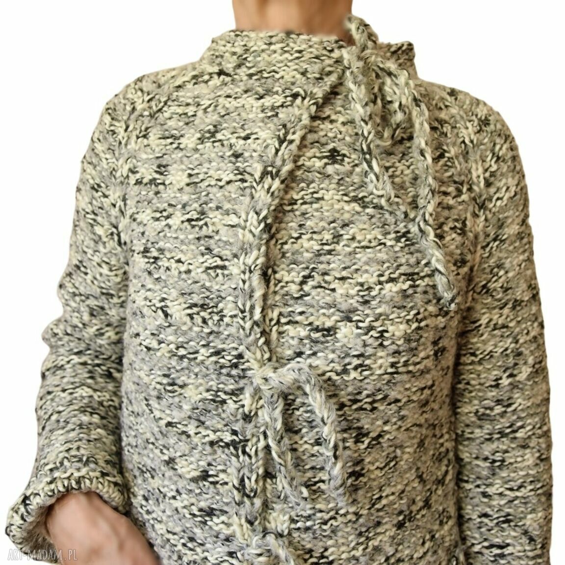 Prosty, elegancki kardigan handmade z troczkami - szaro-biały melanż