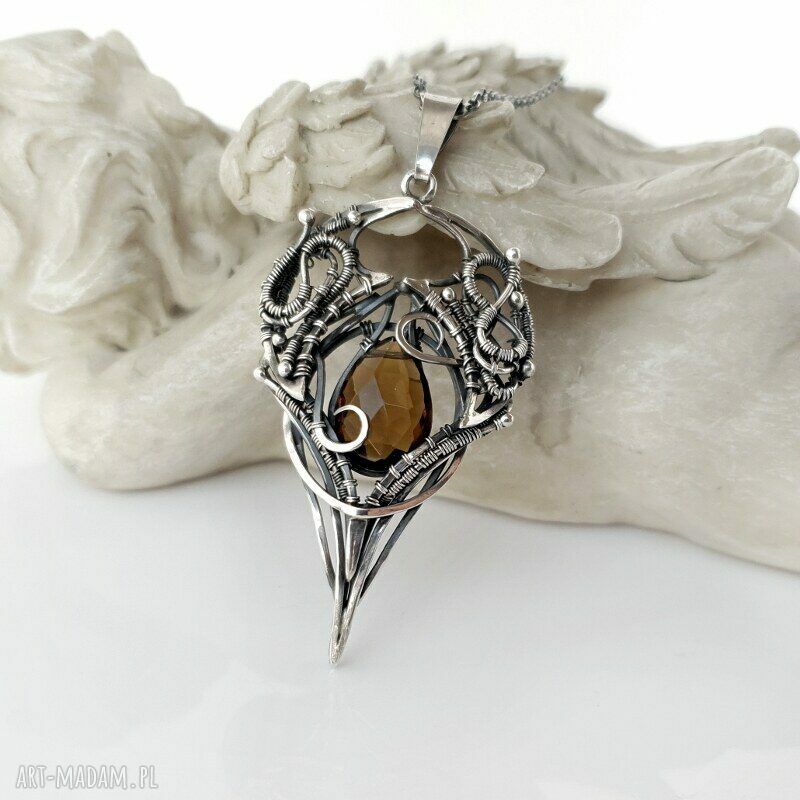 Pruina - srebrny naszyjnik z kwarcem dymnym w technice wire wrapping