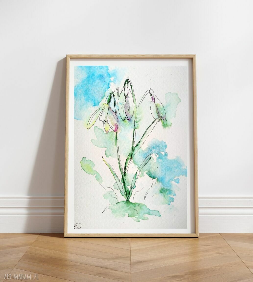 Przebiśniegi - obraz akwarelowy z cienkopisem, 19x27 cm (bez ramki)