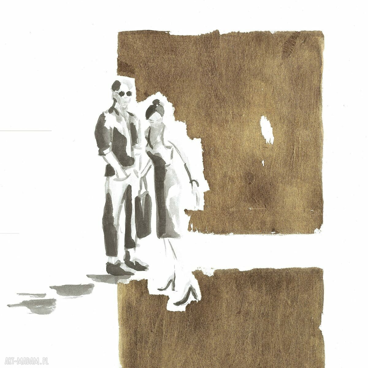 Grafika „Przechodnie I” 70x30 cm - ręcznie malowana i złocona szlagmetalem