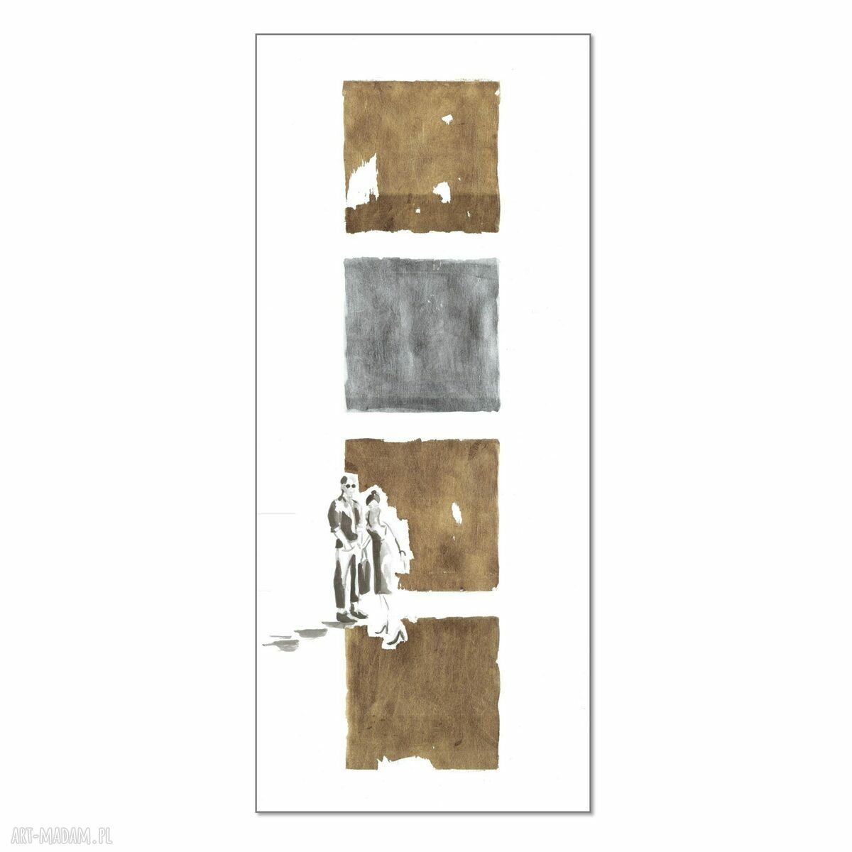 Grafika „Przechodnie I” 70x30 cm - ręcznie malowana i złocona szlagmetalem