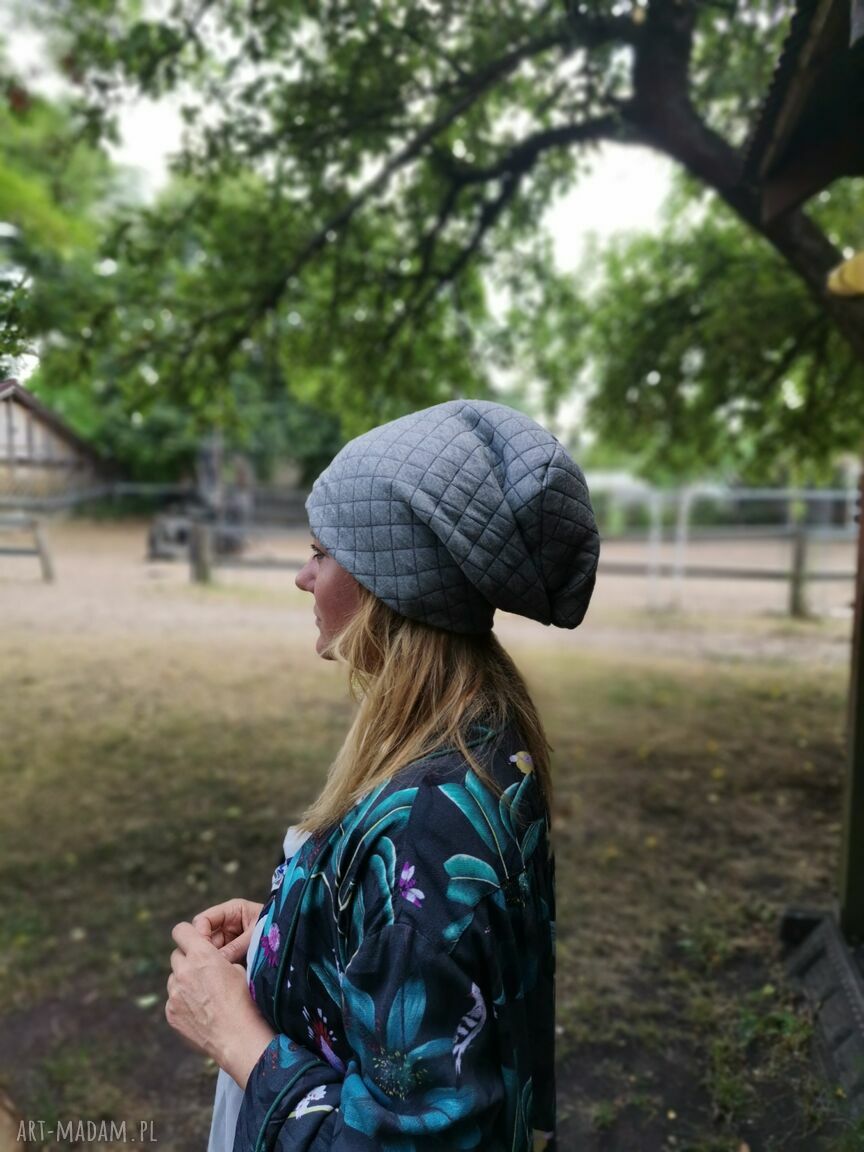 Czapka przejściowa boho na podszewce 54-55 cm - szara i kolorowa