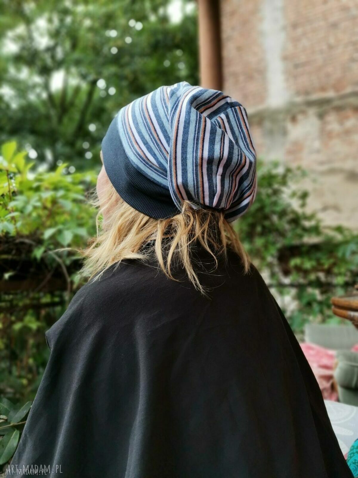 Czapka przejściówka boho na podszewce - uniwersalna, idealna na rower (turkusowo-niebieskie paski)