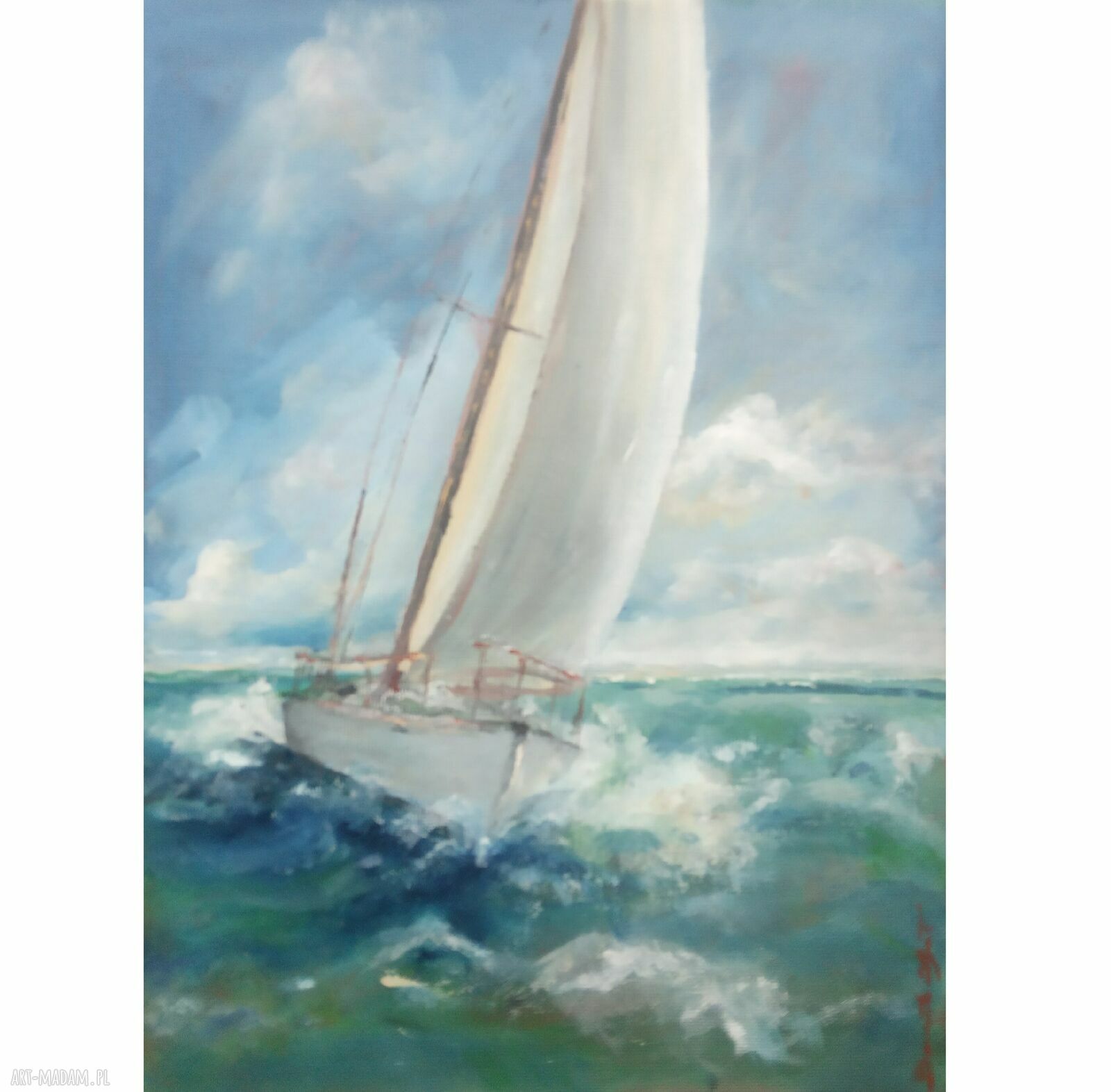 Przełamując fale - ręcznie malowany obraz olejny pejzaż morski z żaglówką 24x30