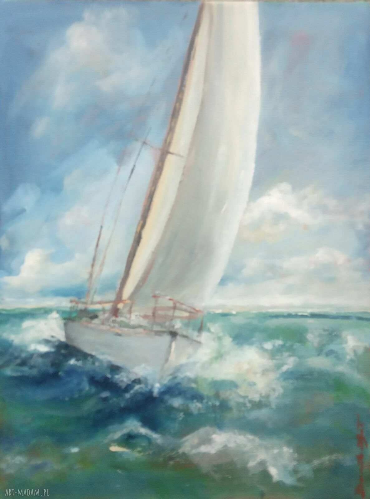 Przełamując fale - ręcznie malowany obraz olejny pejzaż morski z żaglówką 24x30