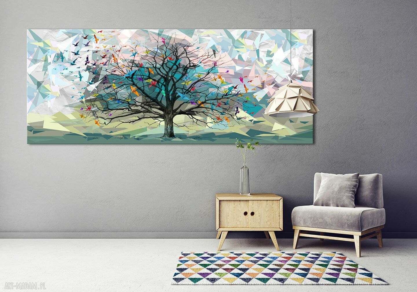 Przepiękny pejzaż do salonu i sypialni - drzewo, ptaki origami 147x60 cm