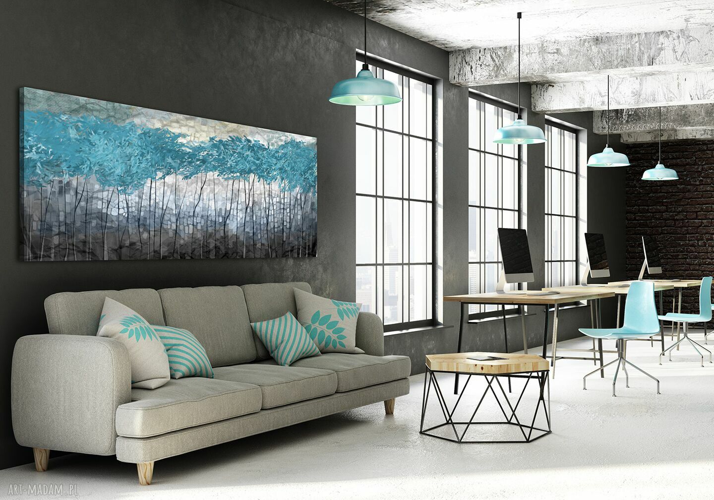 Abstrakcyjne drzewa - turkusowy świat 02397, obraz drukowany na płótnie 150x60 cm