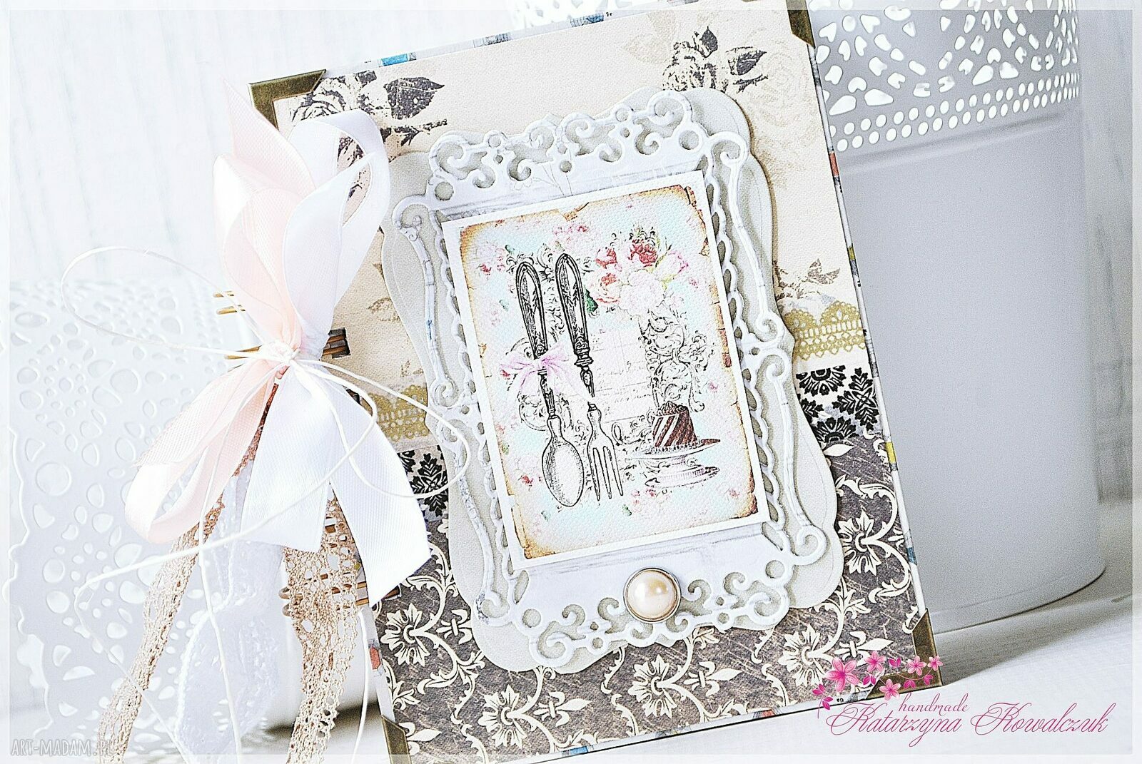 Przepiśnik Vintage - scrapbooking notes z koronką, wstążką i metalowymi narożnikami