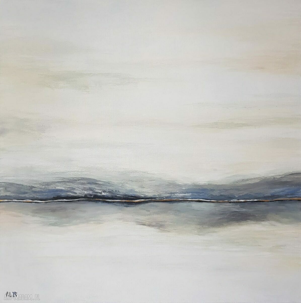 Przestrzeń Ciszy - obraz akrylowy 60x60 cm na płótnie, biel, szarość i złote akcenty