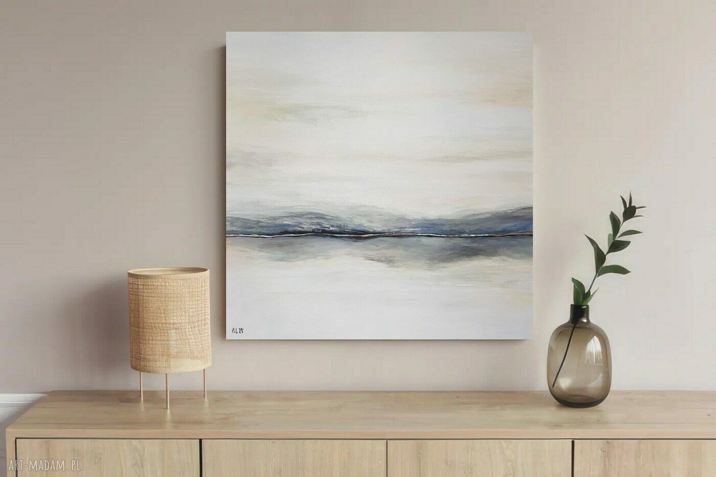 Przestrzeń Ciszy - obraz akrylowy 60x60 cm na płótnie, biel, szarość i złote akcenty